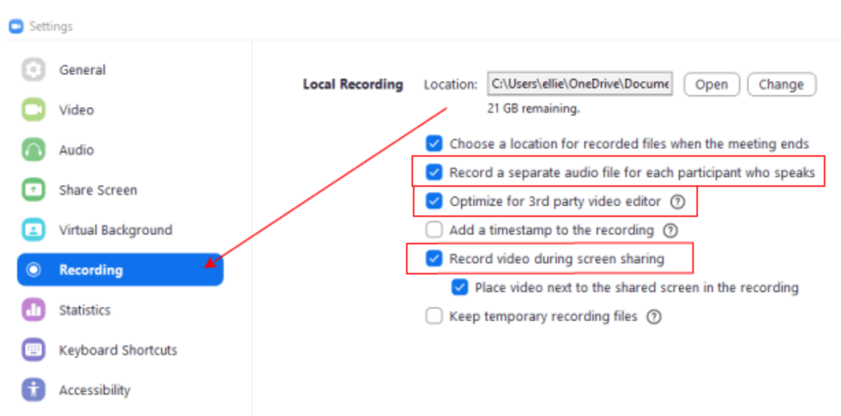 Inserting image... Select the correct Recording settings